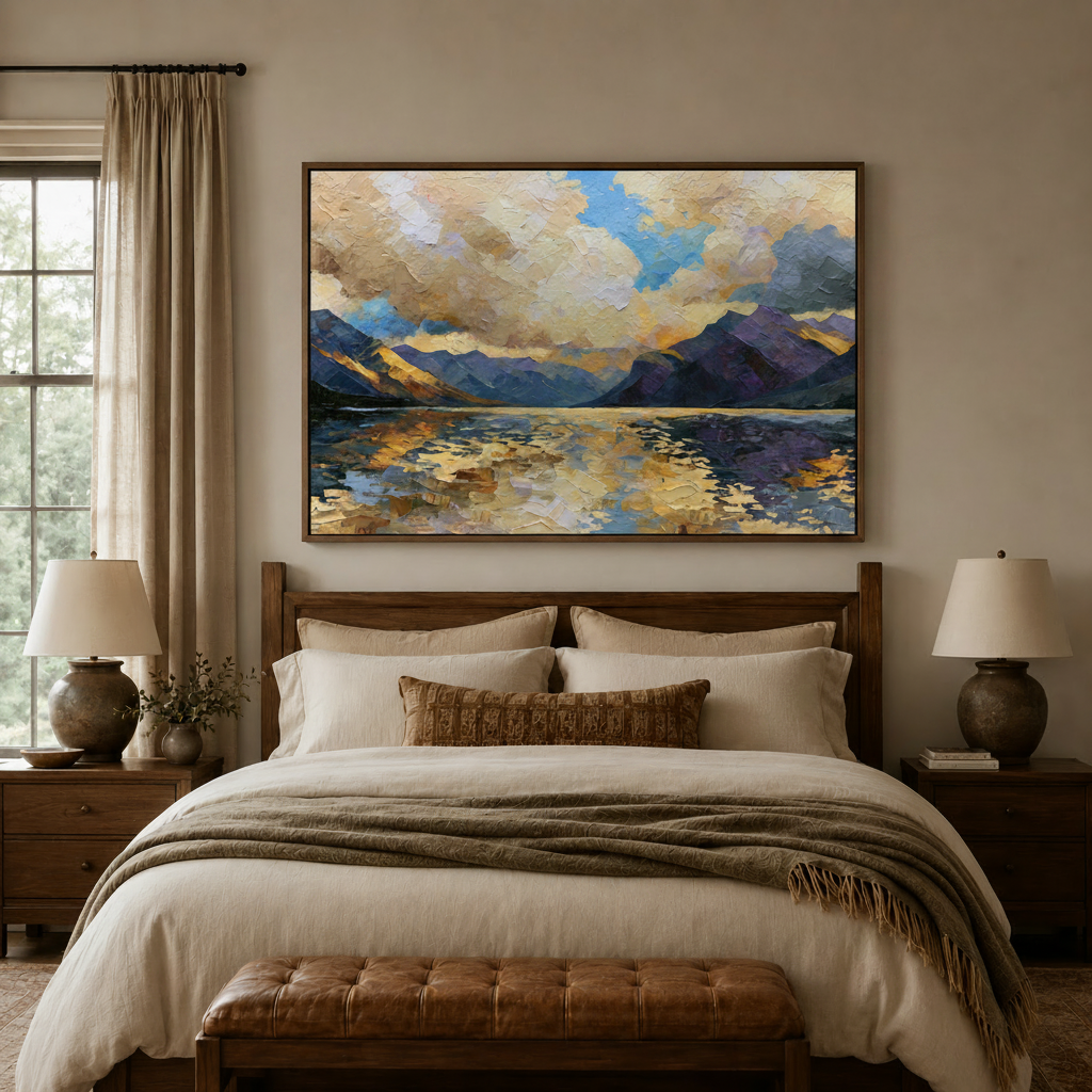 Alpine sunrise oil painting canvas art mounted above bedroom headboard with warm symmetrical lamp setup