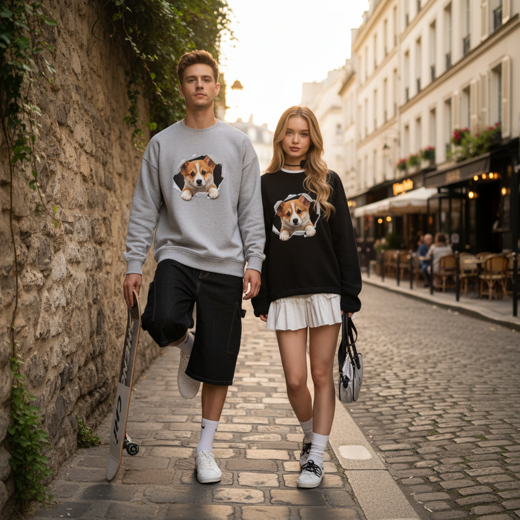 Cute Corgi Puppy Torn Hole 3D Crewneck C1095