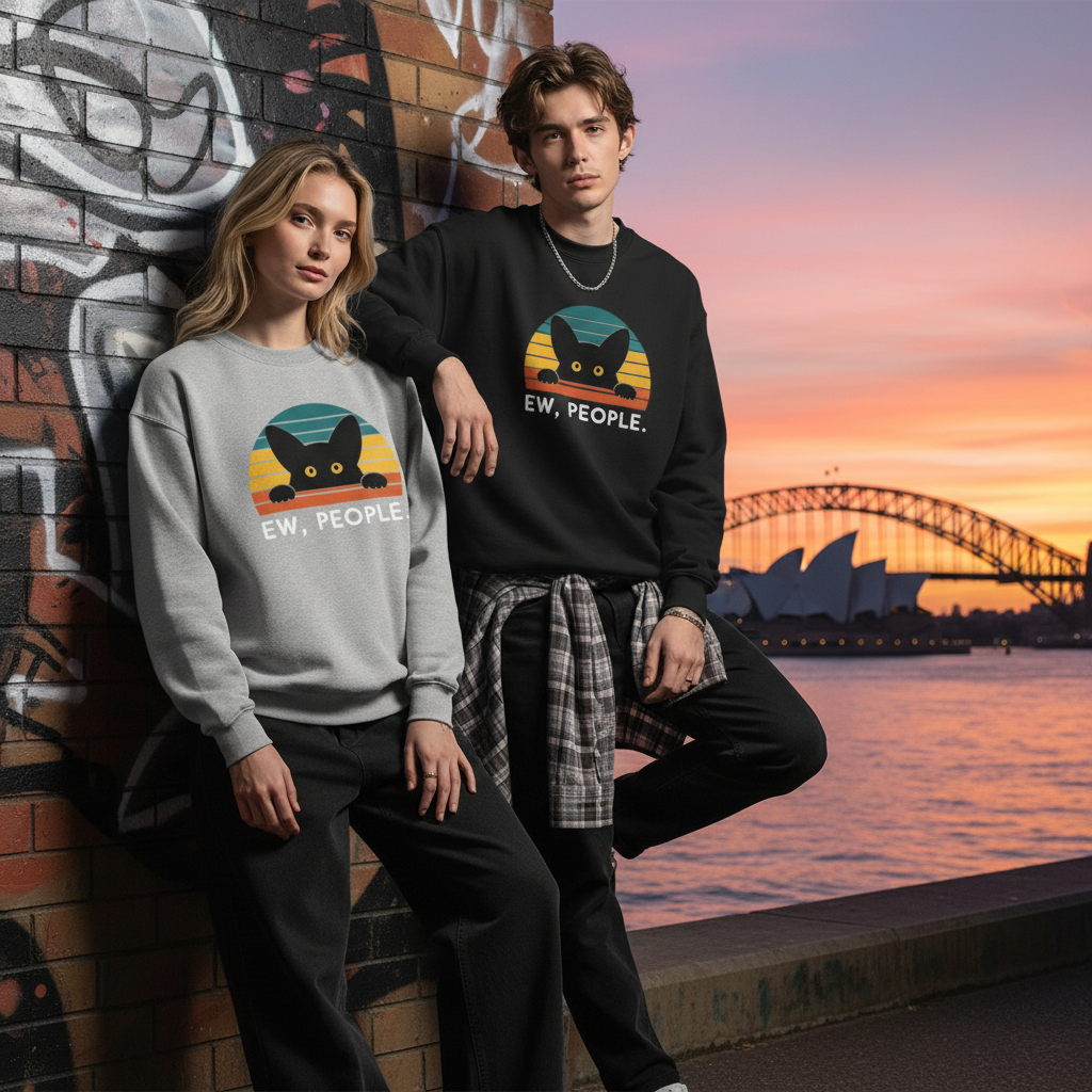 Ew People Peeking Cat Vintage Sunset Crewneck C1100
