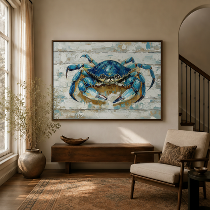 Coastal blue crab wall art hanging in warm entryway with wood console and armchair