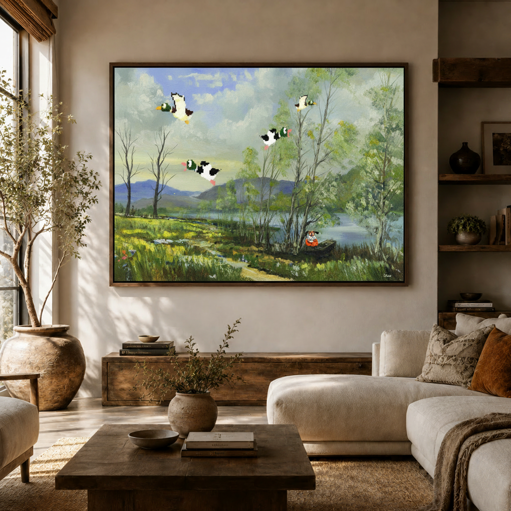  Large landscape canvas print displayed above sofa in warm modern living room