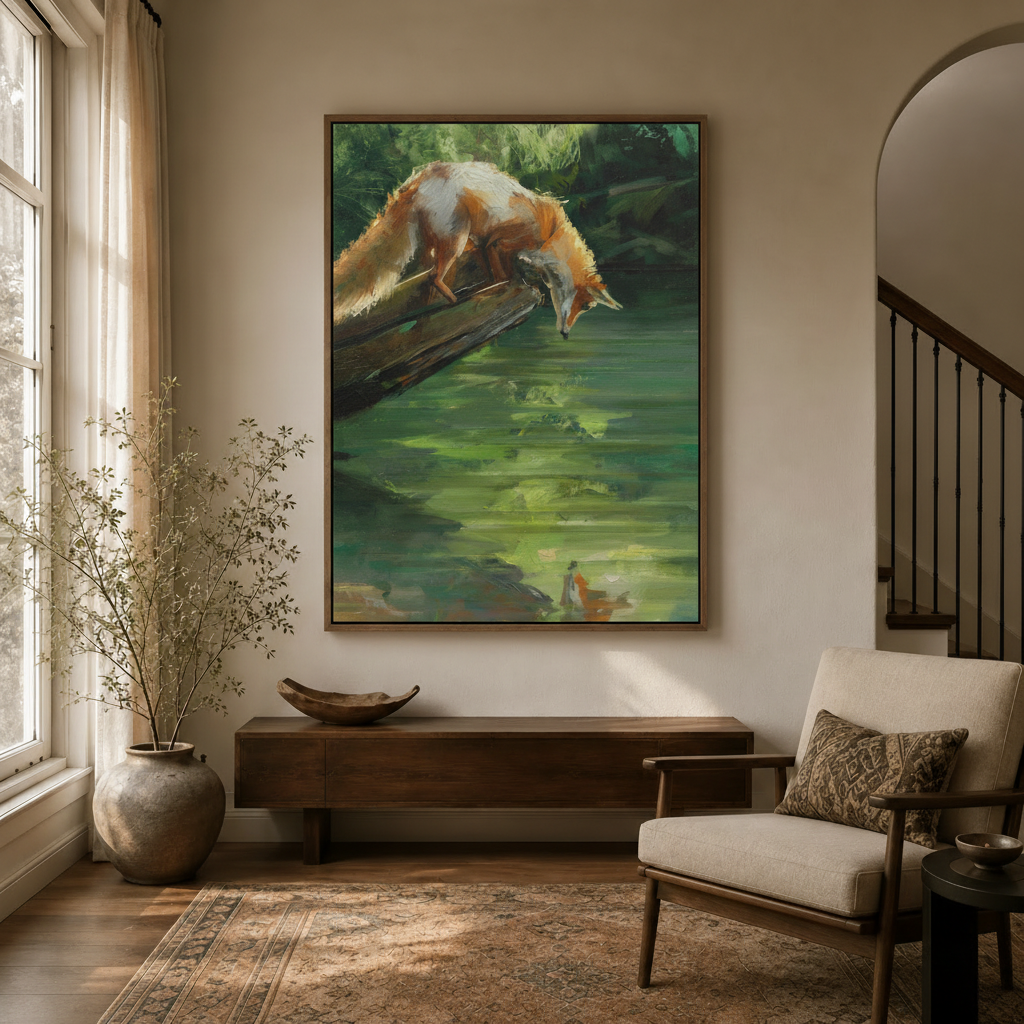 Realistic wildlife oil painting of red fox on mossy log in walnut float frame styled in a warm neutral entryway