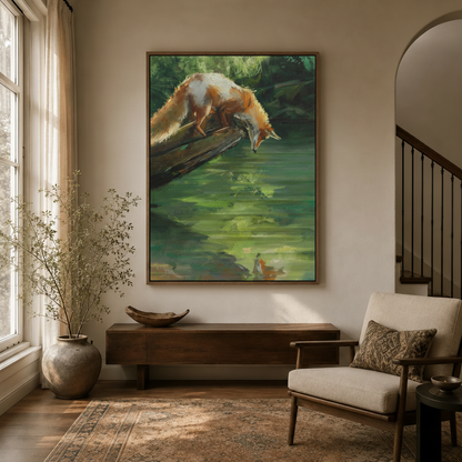 Realistic wildlife oil painting of red fox on mossy log in walnut float frame styled in a warm neutral entryway
