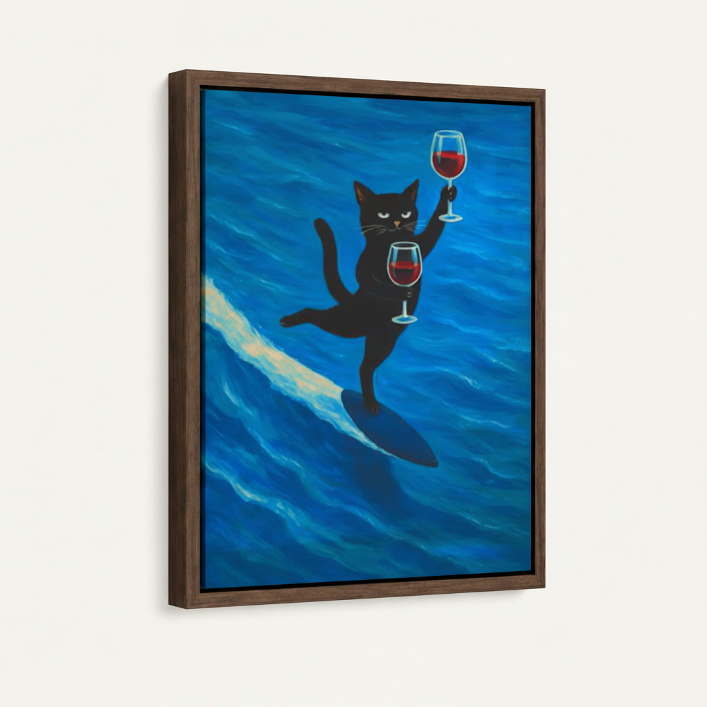 Surfing black cat canvas in dark walnut float frame, 3/4 angle view, white background