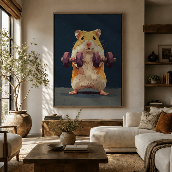 Hamster dumbbell canvas print framed in living room with olive tree and cream sofa