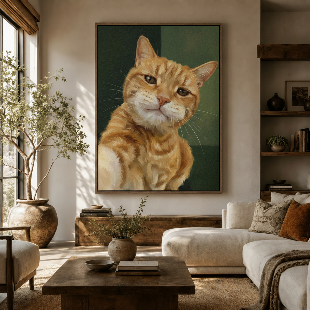 Funny orange tabby cat canvas wall art hanging in a bright living room above a white sofa and olive tree