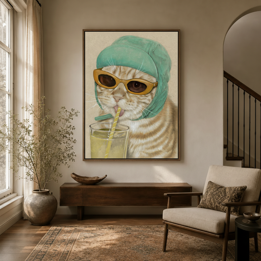 Whimsical tabby cat lemonade wall art hanging in a modern entryway with arched doorway