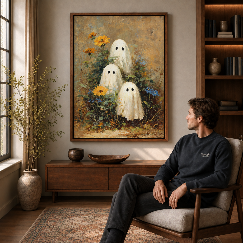 Ghost garden canvas wall art above a wood console beside a seated man, armchair, and sunlit window.