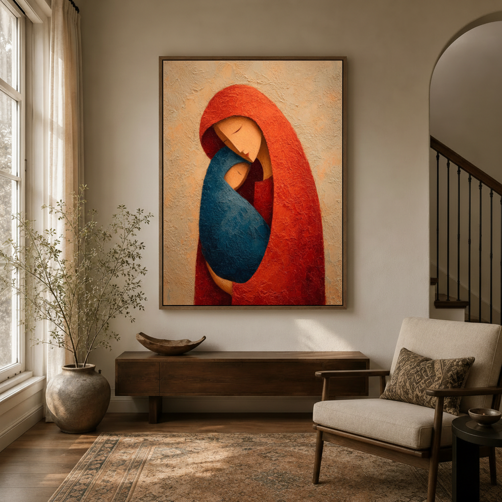 Impasto mother cradling infant painting in float frame above entryway console table