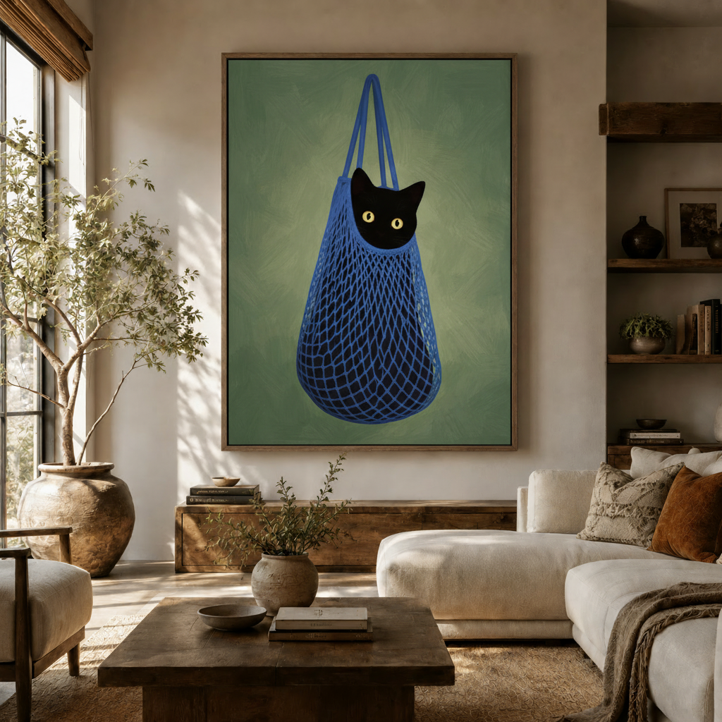 Whimsical black cat wall art hung above white sofa in bright modern living room