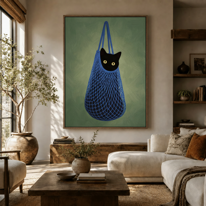 Whimsical black cat wall art hung above white sofa in bright modern living room