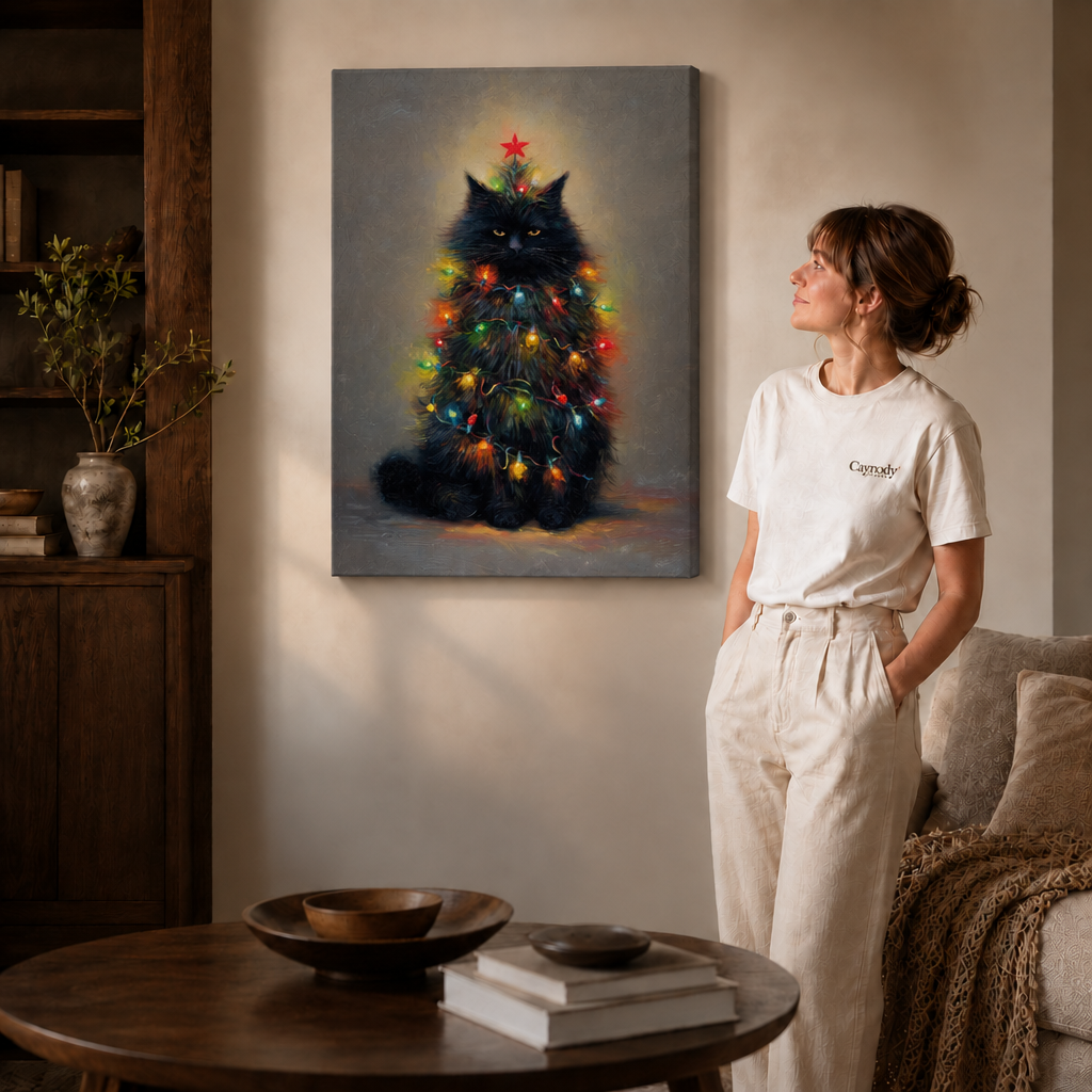 Black-framed black cat Christmas tree art beside a woman in a softly lit room.
