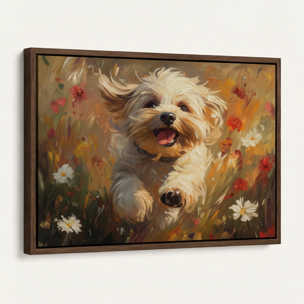 Dark walnut float frame egret landscape canvas wall art angled mockup off-white background