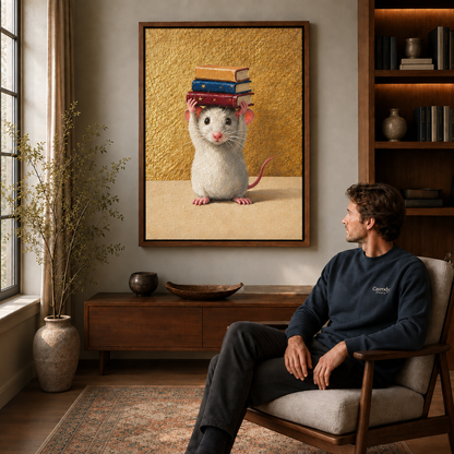 Framed white mouse with books canvas art styled in a cozy reading corner