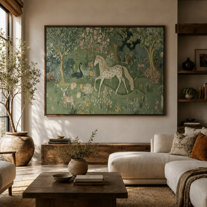 Folk art horse and garden canvas print hanging in bright modern living room above white curved sofa