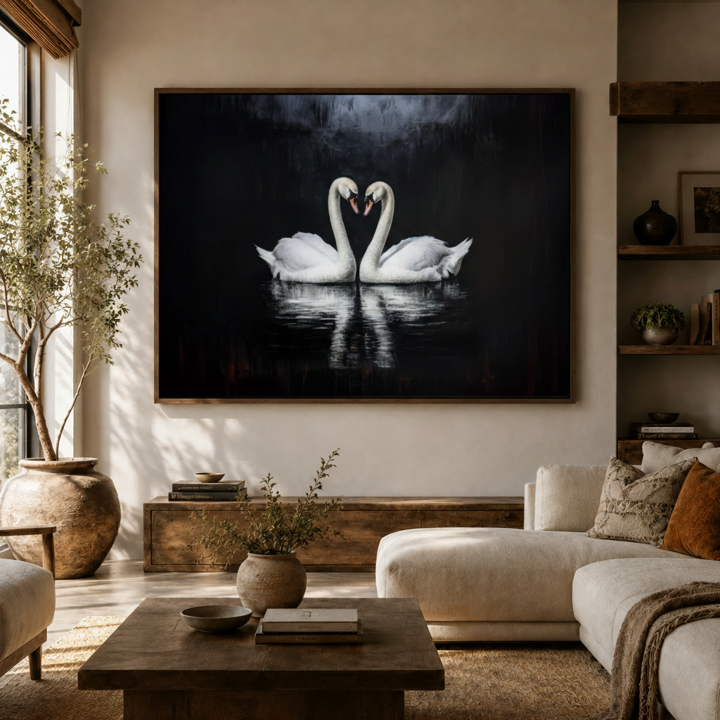 Swan love canvas art in dark oil painting style above sofa in modern neutral living room
