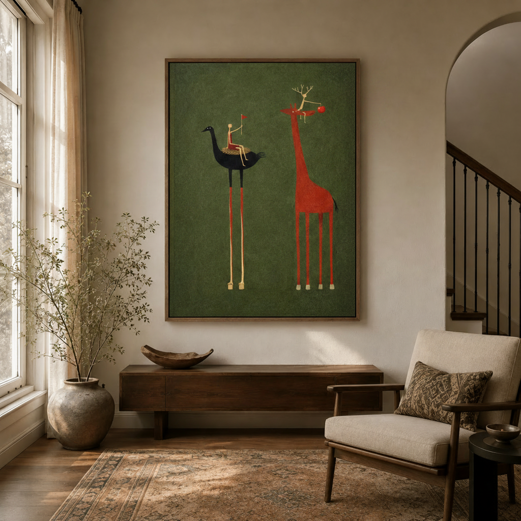 Bold olive green animal folk art print displayed high on wall in neutral entryway with arched doorway