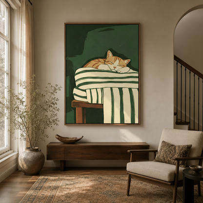 Framed sleeping cat wall art in modern entryway with arched doorway and dried branch decor