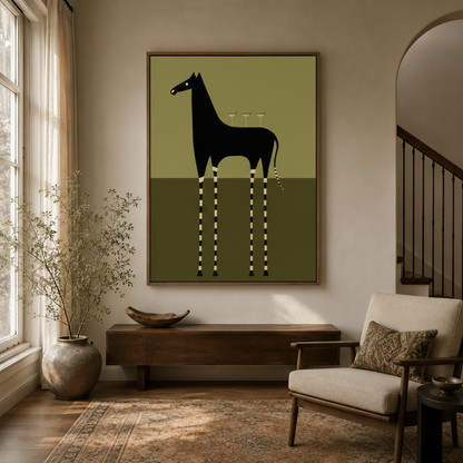 Minimalist black horse canvas print displayed in a warm-toned living room entryway beside an armchair