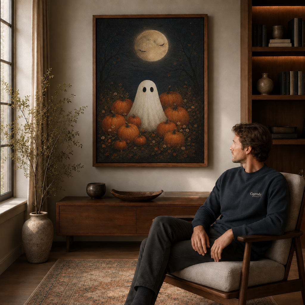 Framed ghost and pumpkin artwork above a console with a seated model in a cozy room