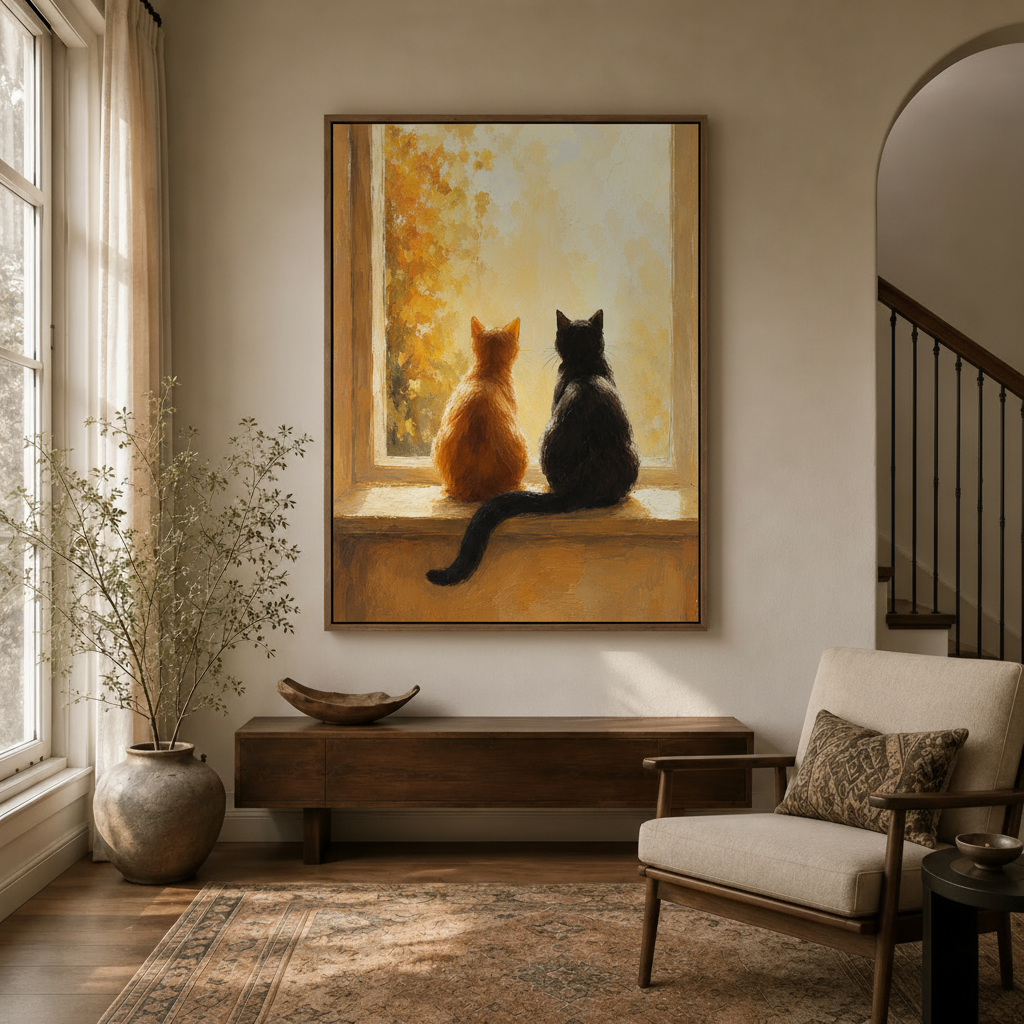 Orange and black cat canvas wall art in natural wood float frame hanging in hallway entryway