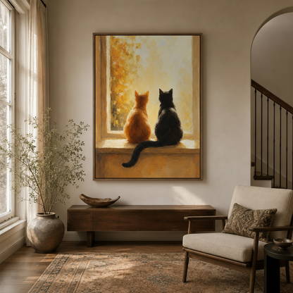 Orange and black cat canvas wall art in natural wood float frame hanging in hallway entryway