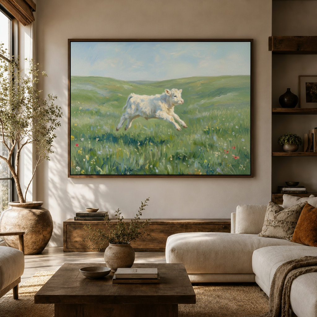 Framed white calf leaping summer meadow classical canvas displayed above sideboard in warm modern living room