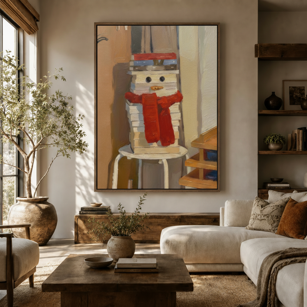 Impasto book snowman wall art hanging in a bright living room beside an olive tree and cream sofa