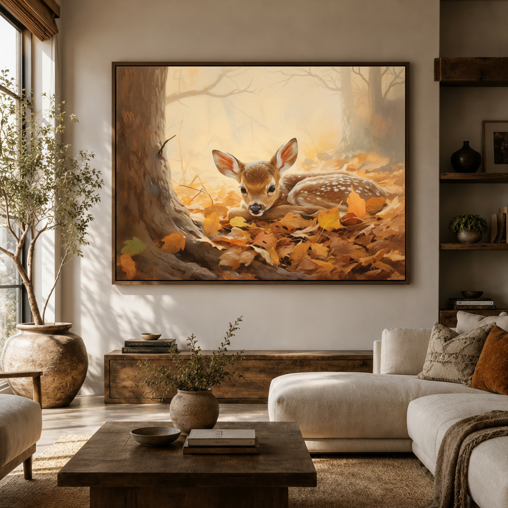 Framed woodland baby deer resting in golden autumn leaves canvas displayed large in warm modern living room