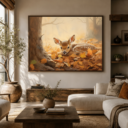 Framed woodland baby deer resting in golden autumn leaves canvas displayed large in warm modern living room