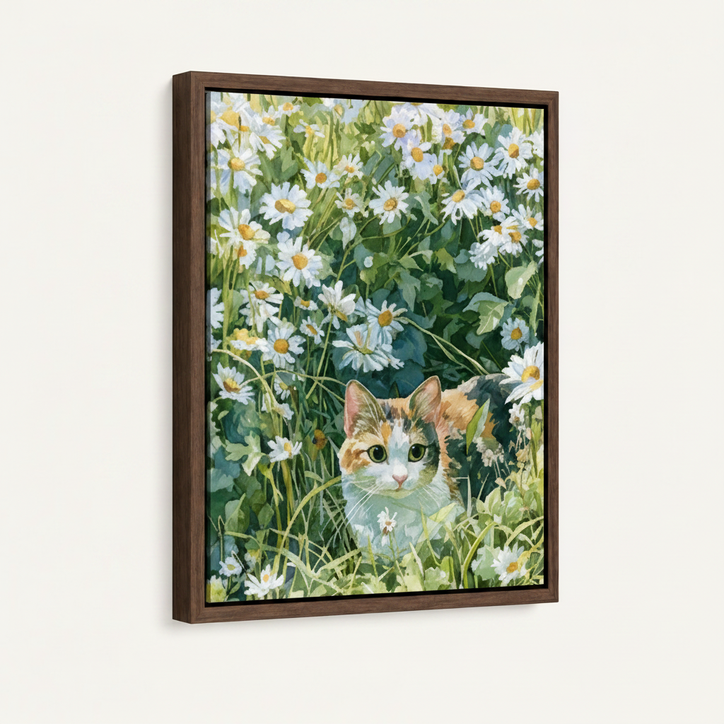Framed watercolor cat daisy canvas print in dark walnut float frame on white background