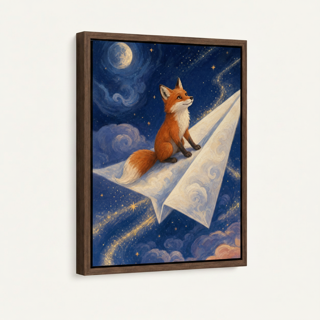Framed impressionist canvas art fox on paper airplane starry night floating frame angled product view