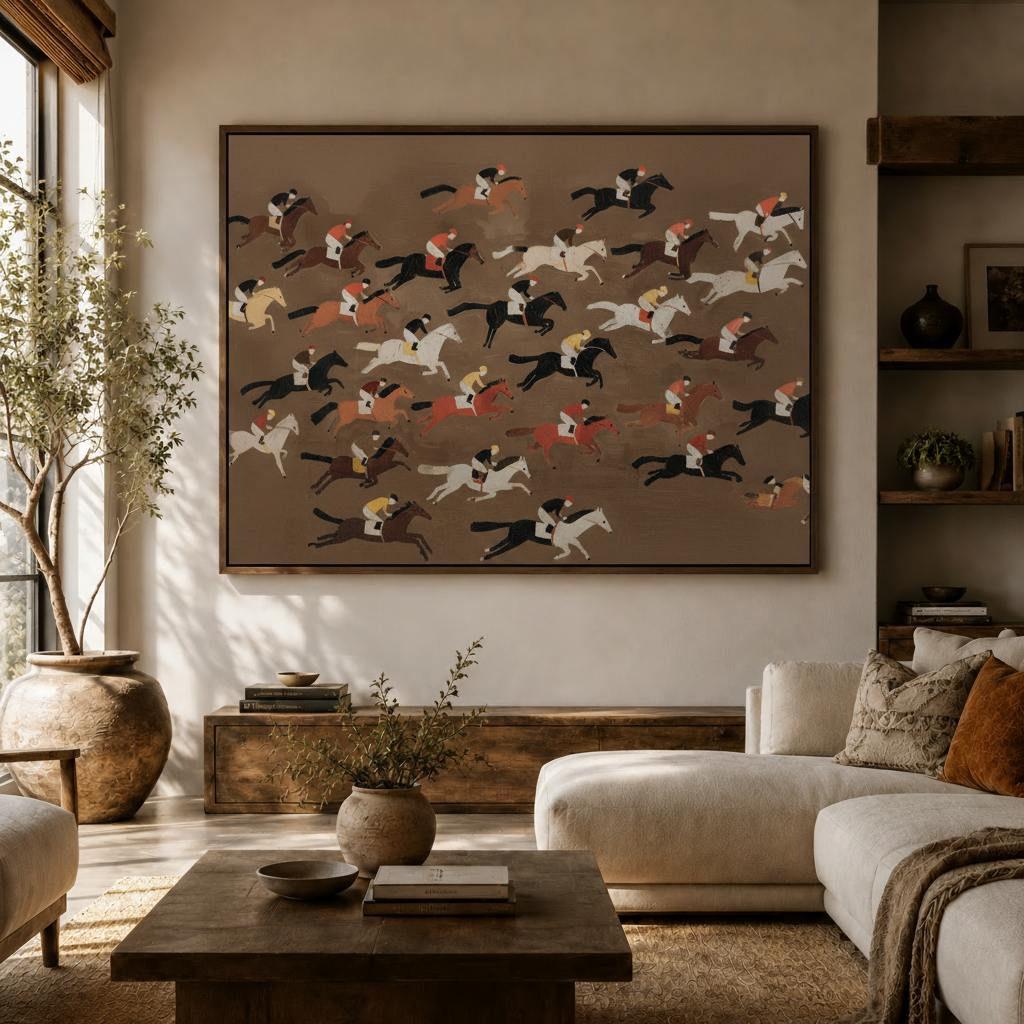 Horse racing canvas print above sofa in modern neutral living room setting
