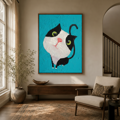 Whimsical cat wall art in dark wood floater frame displayed in transitional entryway above console table