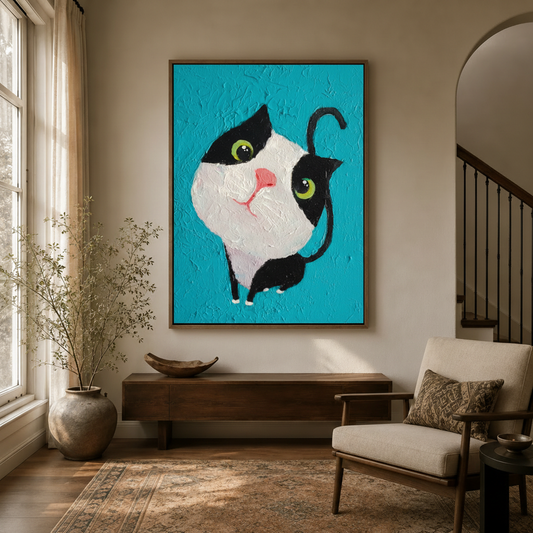 Whimsical cat wall art in dark wood floater frame displayed in transitional entryway above console table