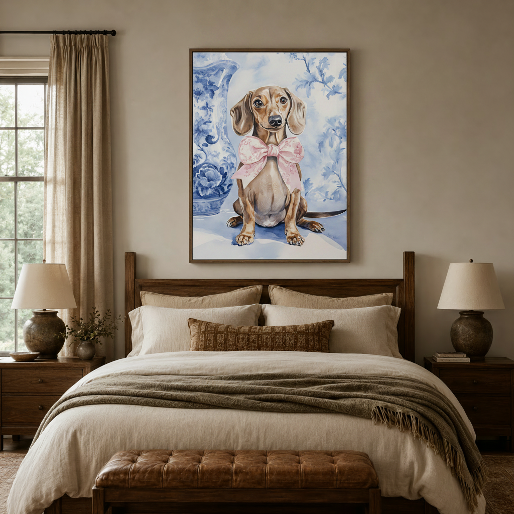 Cute dachshund pink floral bow blue chinoiserie watercolor canvas framed above dark walnut headboard in warm neutral bedroom