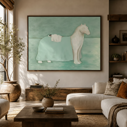 Large figurative oil painting canvas of white horse and figure hung in modern neutral living room