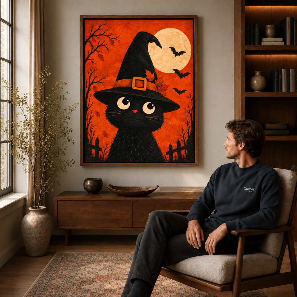 Black cat witch Halloween canvas wall art displayed above a wooden console beside a seated man in a cozy living room.