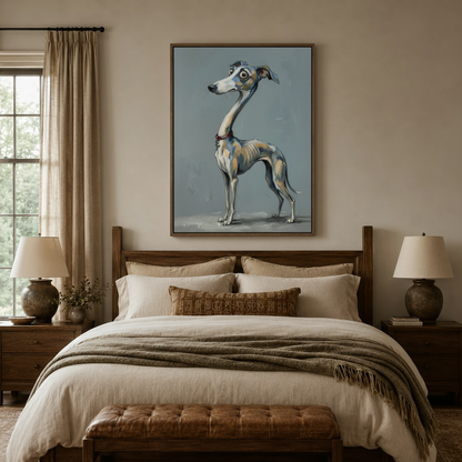 Funny greyhound canvas print in walnut float frame above a linen bed in a warm neutral bedroom
