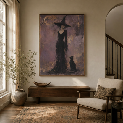 Dark witch painting in thin float frame above console table in moody entryway scene