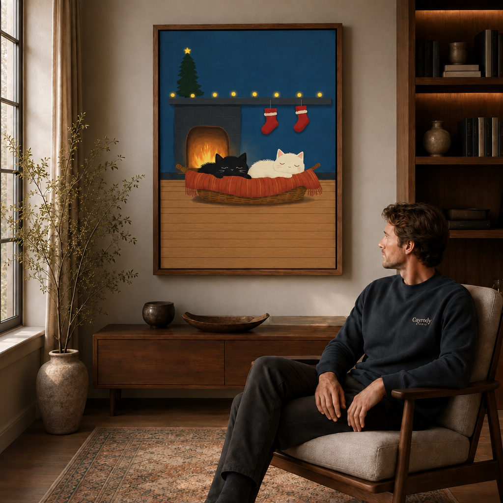 Sleeping black and white cats by a fireplace, displayed above a seated man.