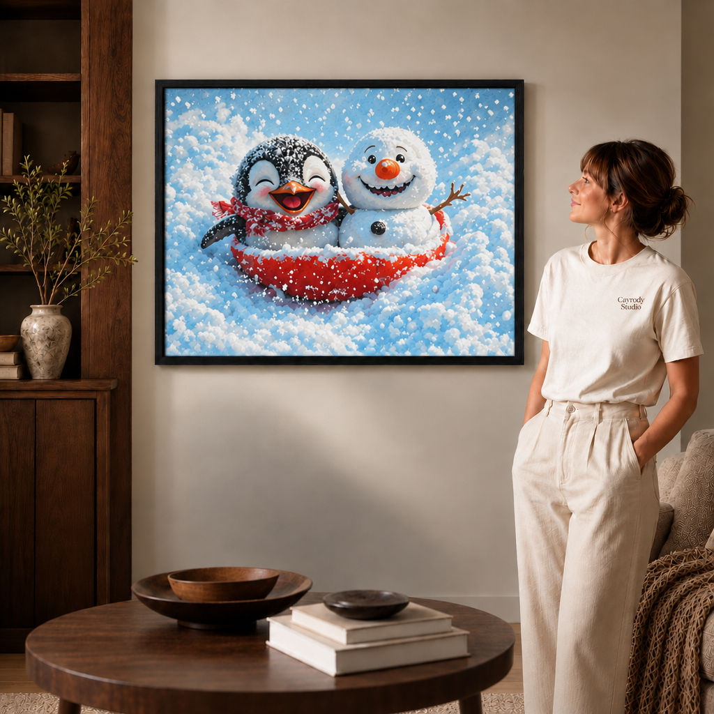 Smiling penguin and snowman in a red sled, displayed in a thin black frame beside a woman.