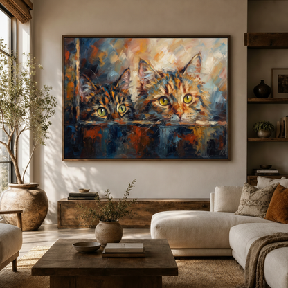 Large curious cats impasto canvas wall art in dark walnut float frame hung above white boucle sofa in modern living room