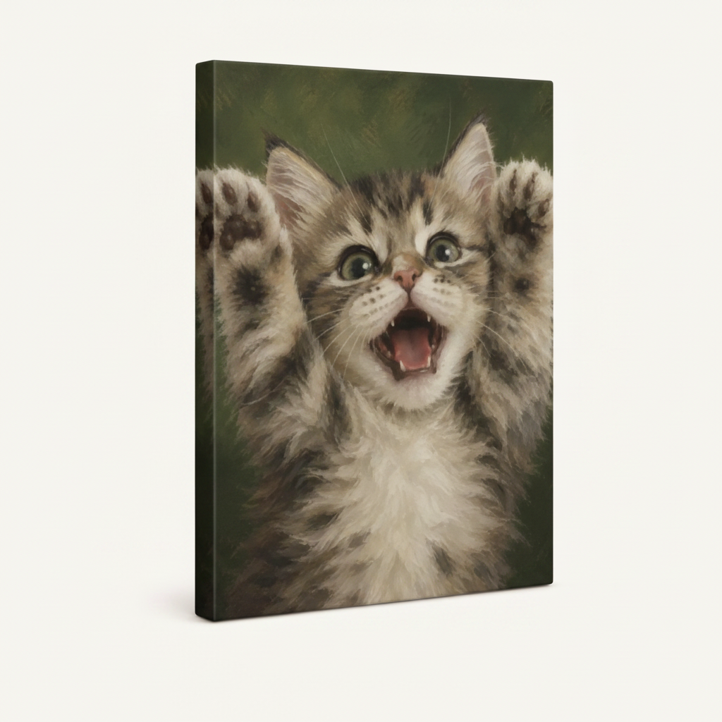 Gallery wrapped kitten canvas print shown at angle on white background