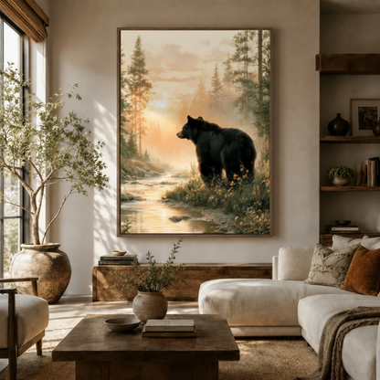 Framed black bear canvas wall art hanging in a warm neutral living room with rustic wood furniture