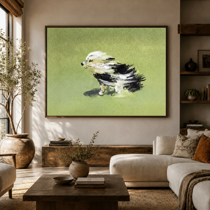 Playful dog canvas wall art hung above sideboard in modern neutral living room