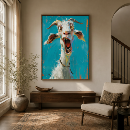 Bold turquoise goat oil painting canvas in modern entryway hallway with arched doorway
