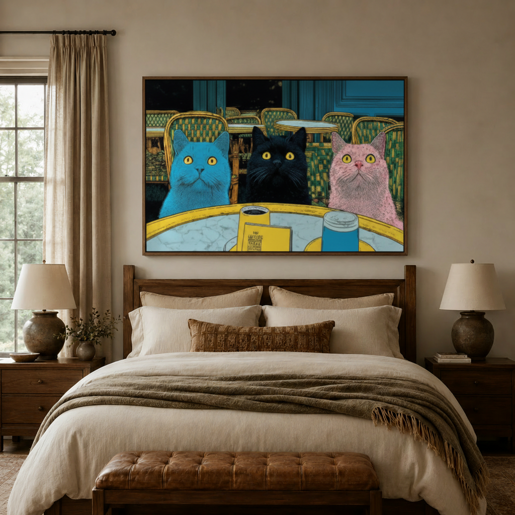 Bold colorful cat pop art canvas above bed headboard in cozy neutral bedroom