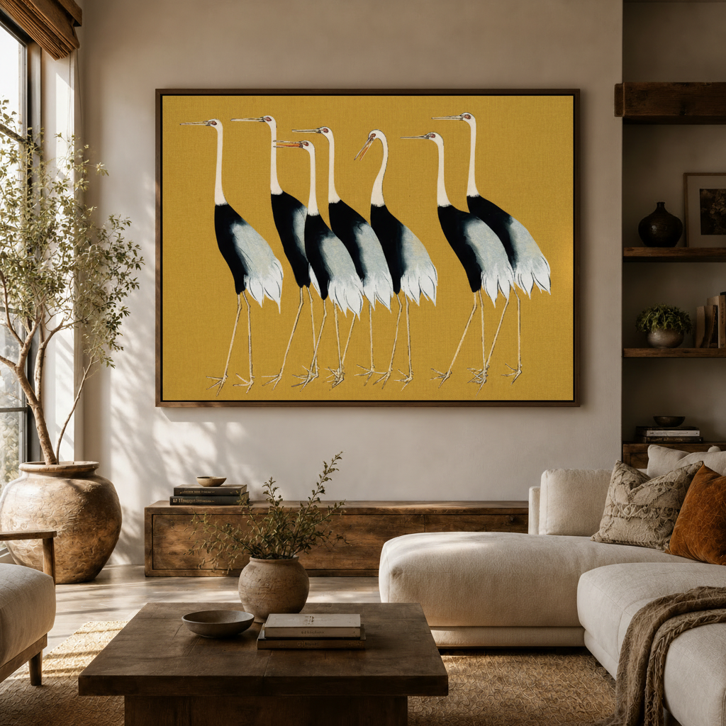 Japanese crane canvas wall art with golden background displayed above console in warm living room