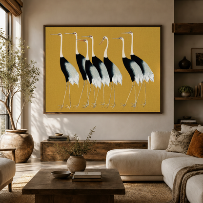 Japanese crane canvas wall art with golden background displayed above console in warm living room
